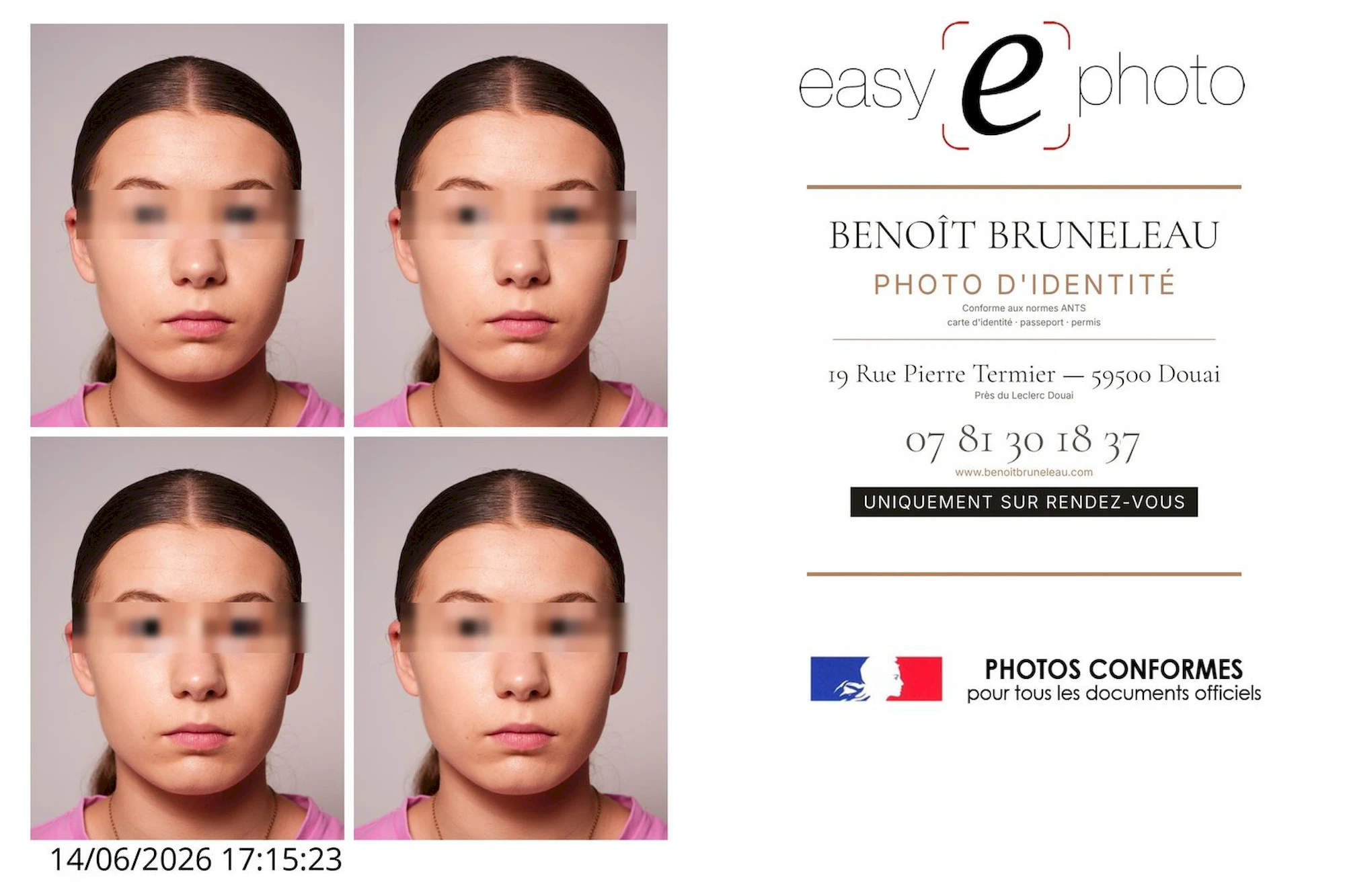 Planche de photos d'identité conformes ANTS pour carte d'identité, réalisée à Douai