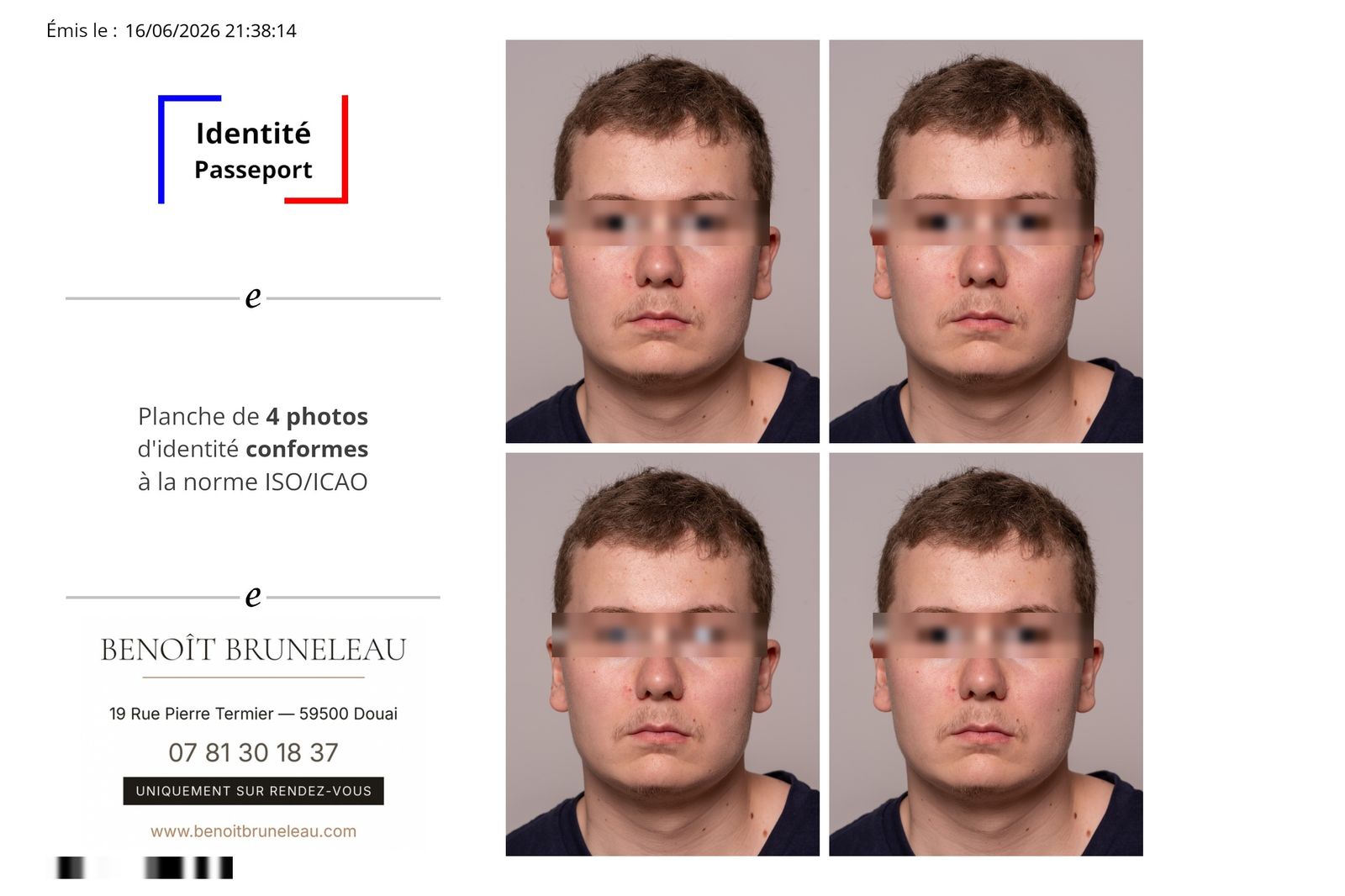 Planche de 4 photos d’identité conformes pour passeport, réalisée en studio à Douai